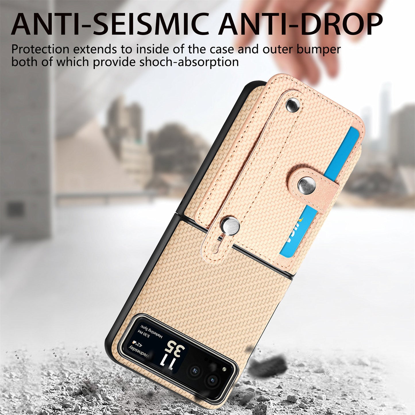 PU Leather+PC Phone Case for Motorola Razr 40 5G , Carbon Fiber Texture Wristband Kickstand Cover