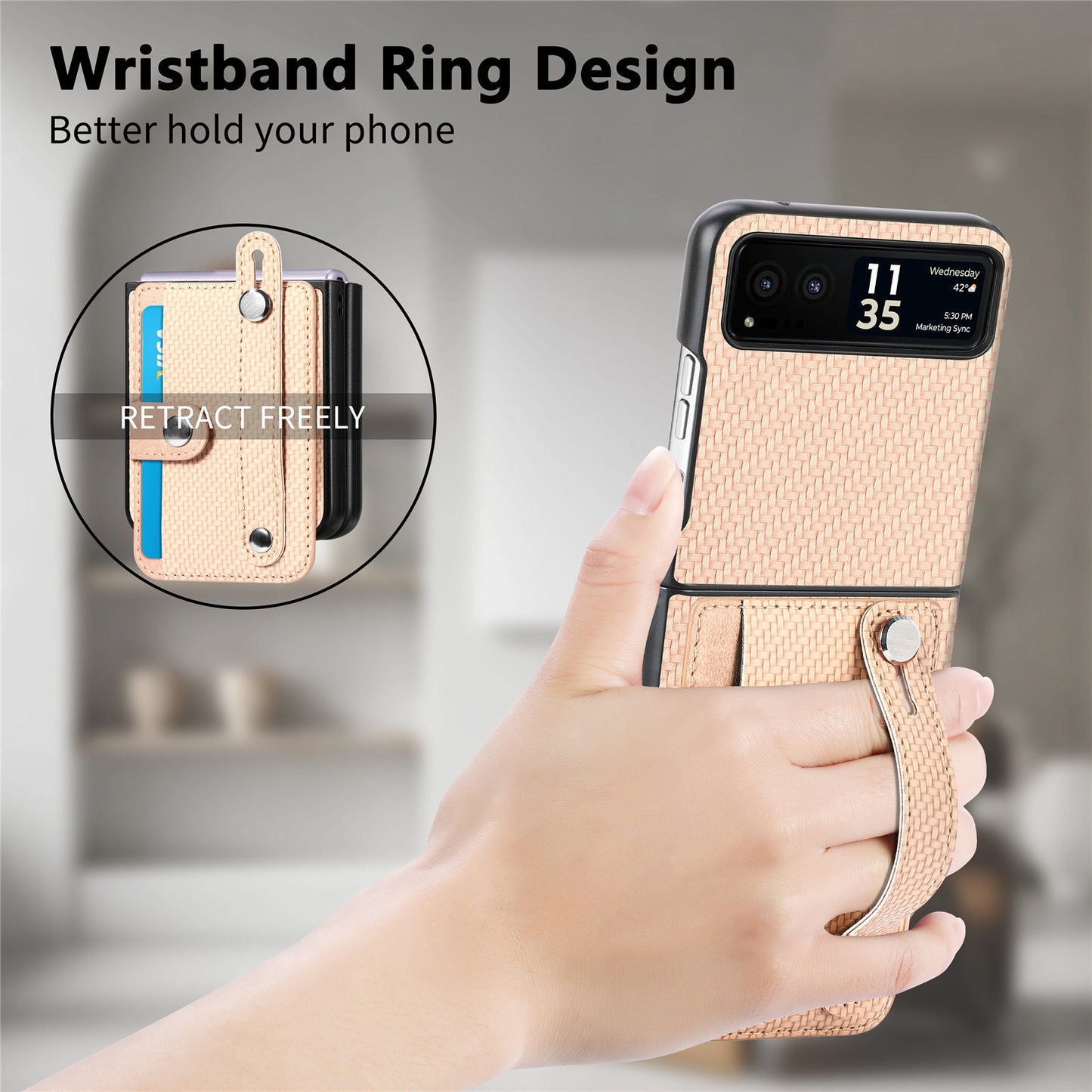 PU Leather+PC Phone Case for Motorola Razr 40 5G , Carbon Fiber Texture Wristband Kickstand Cover