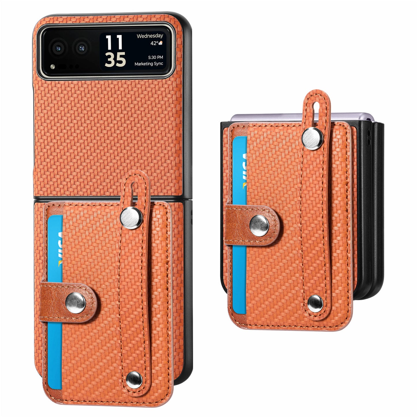 PU Leather+PC Phone Case for Motorola Razr 40 5G , Carbon Fiber Texture Wristband Kickstand Cover
