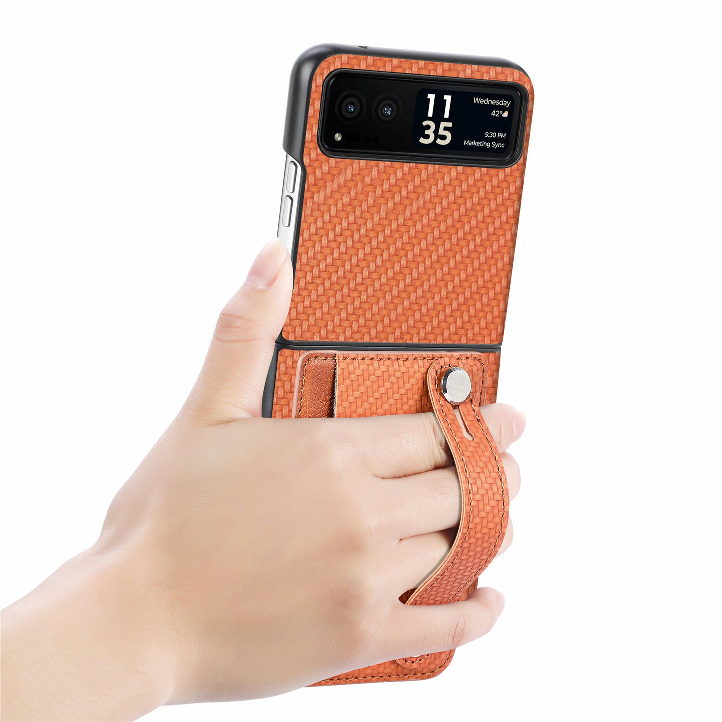 PU Leather+PC Phone Case for Motorola Razr 40 5G , Carbon Fiber Texture Wristband Kickstand Cover
