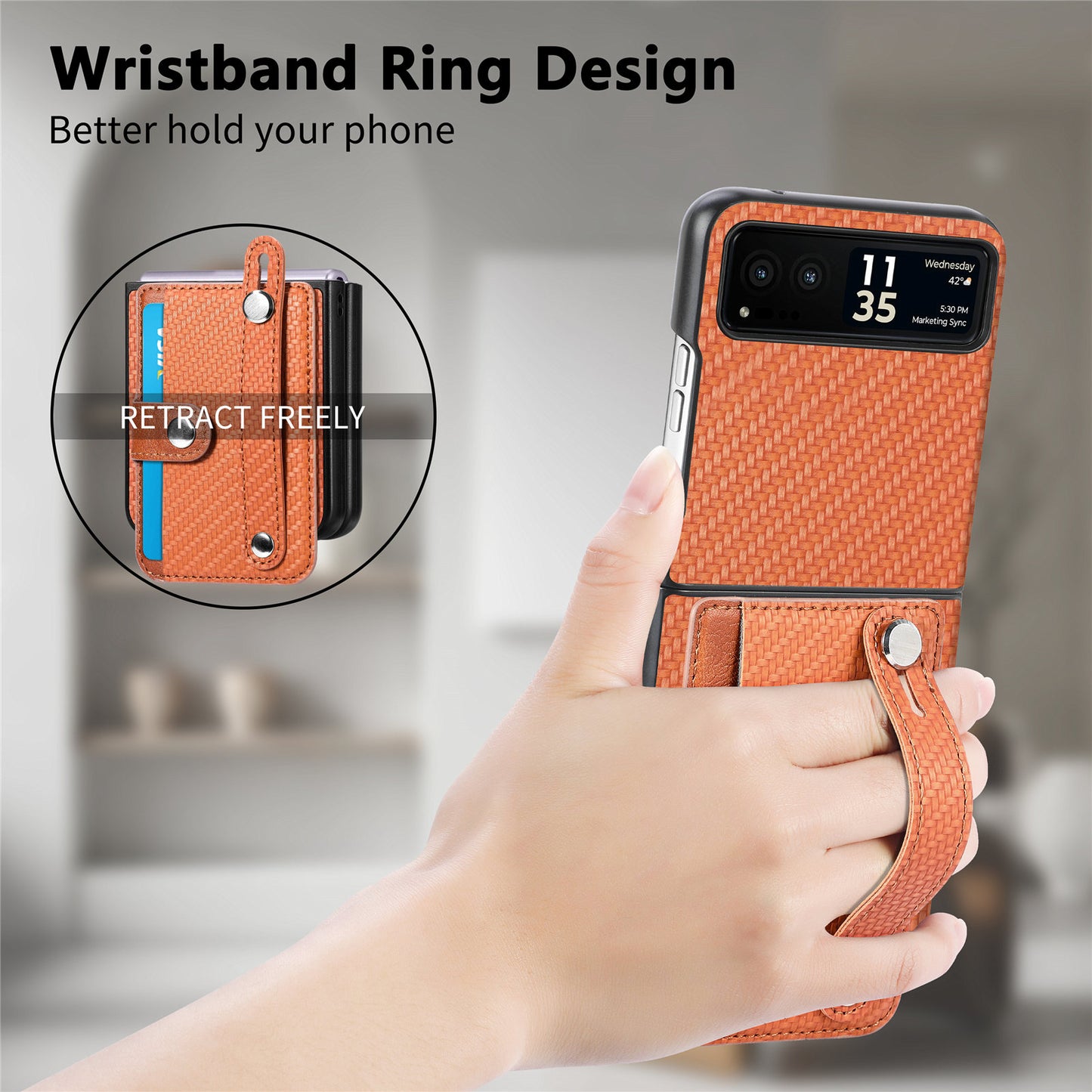 PU Leather+PC Phone Case for Motorola Razr 40 5G , Carbon Fiber Texture Wristband Kickstand Cover