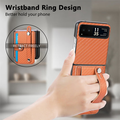 PU Leather+PC Phone Case for Motorola Razr 40 5G , Carbon Fiber Texture Wristband Kickstand Cover