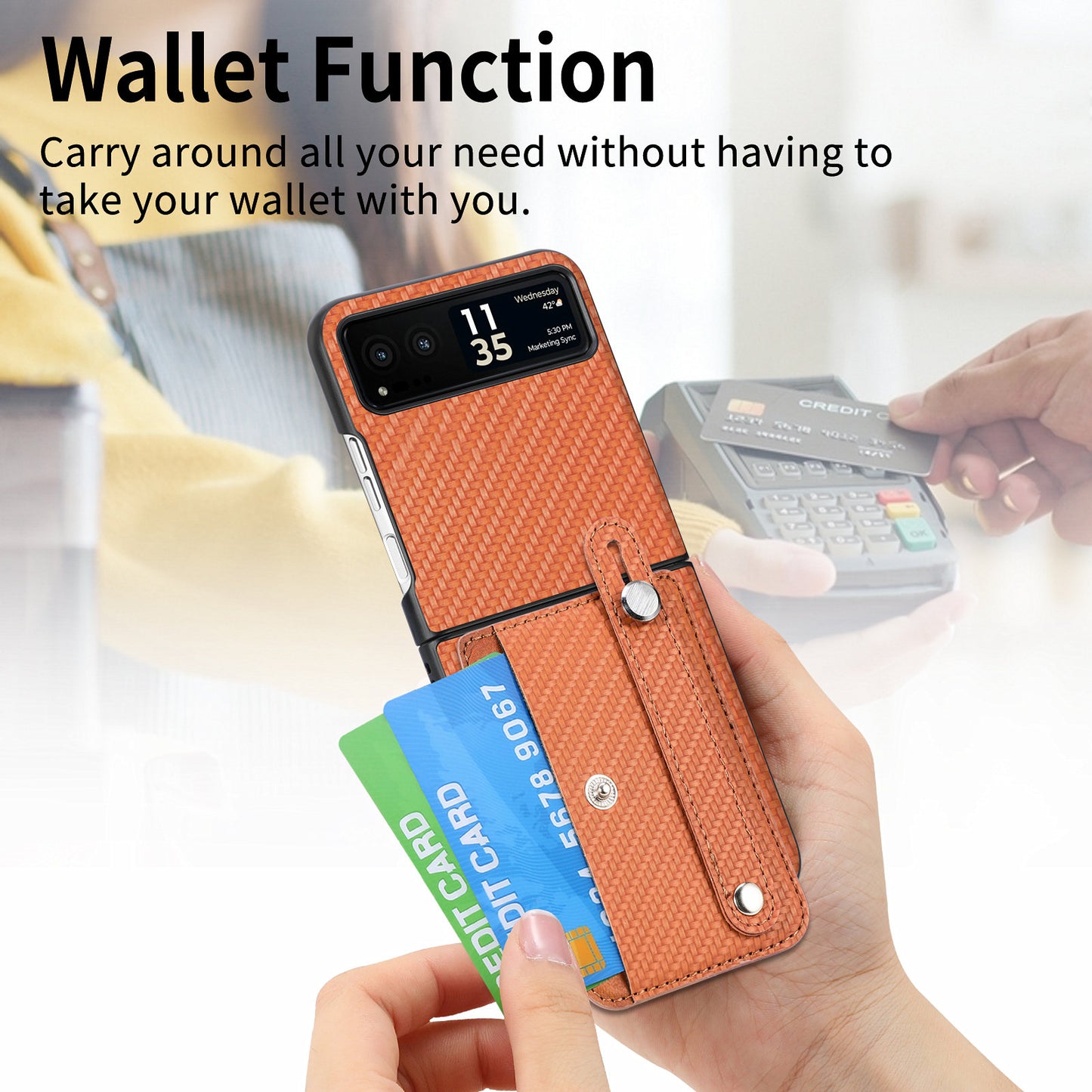 PU Leather+PC Phone Case for Motorola Razr 40 5G , Carbon Fiber Texture Wristband Kickstand Cover