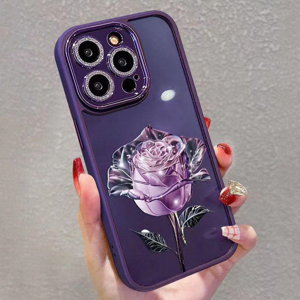 Glitter Camera Ring Case for iPhone 12 Pro Max 6.7 inch Rose Flower Pattern TPU Phone Cover with Lens Film