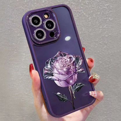 Glitter Camera Ring Case for iPhone 12 Pro Max 6.7 inch Rose Flower Pattern TPU Phone Cover with Lens Film