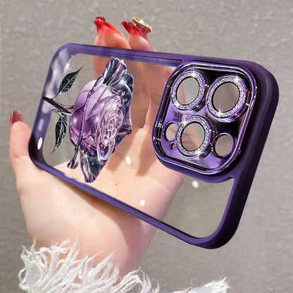 Glitter Camera Ring Case for iPhone 12 Pro Max 6.7 inch Rose Flower Pattern TPU Phone Cover with Lens Film