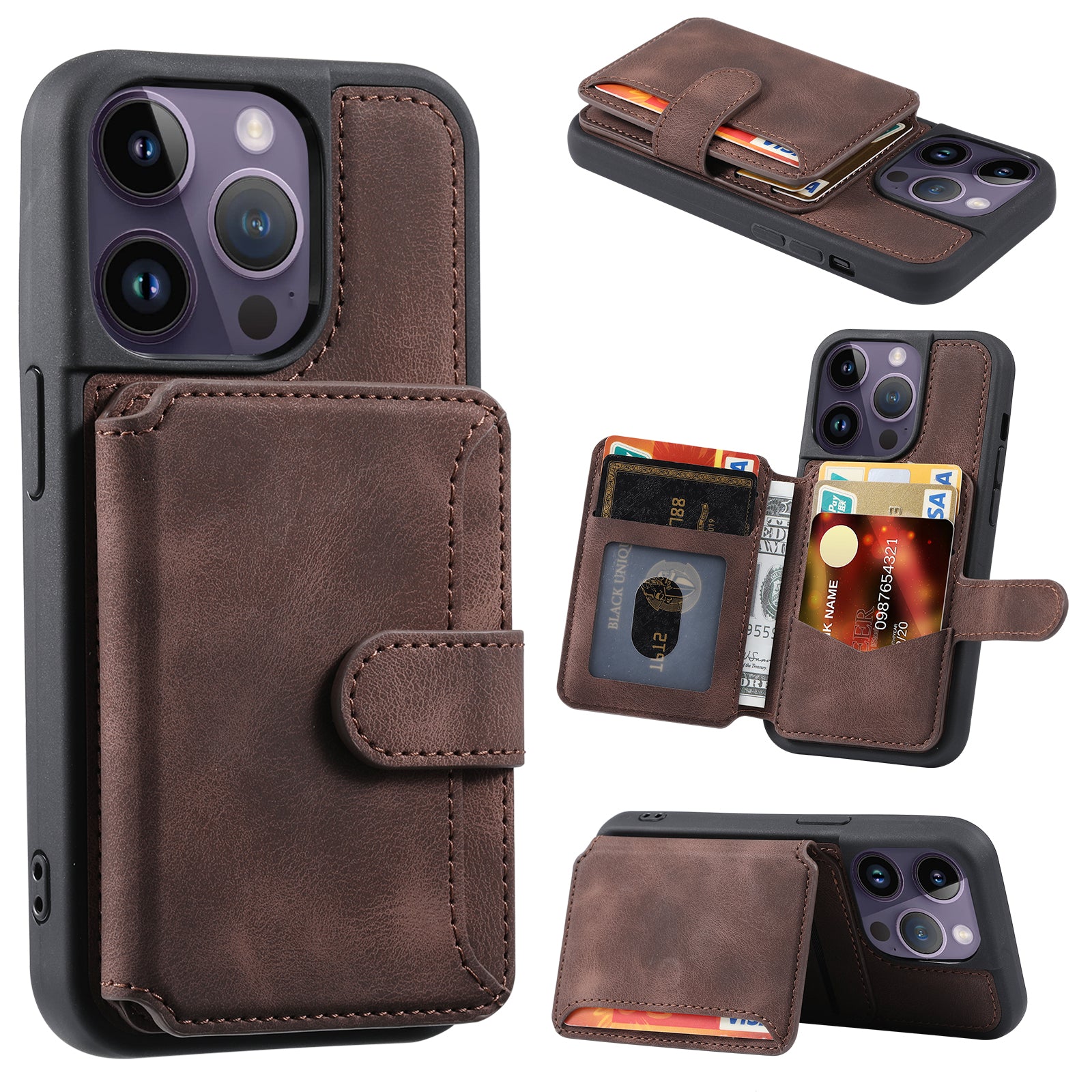 RFID Blocking Wallet Cover for iPhone 15 Pro , Leather Coated TPU Phone Case with Kickstand
