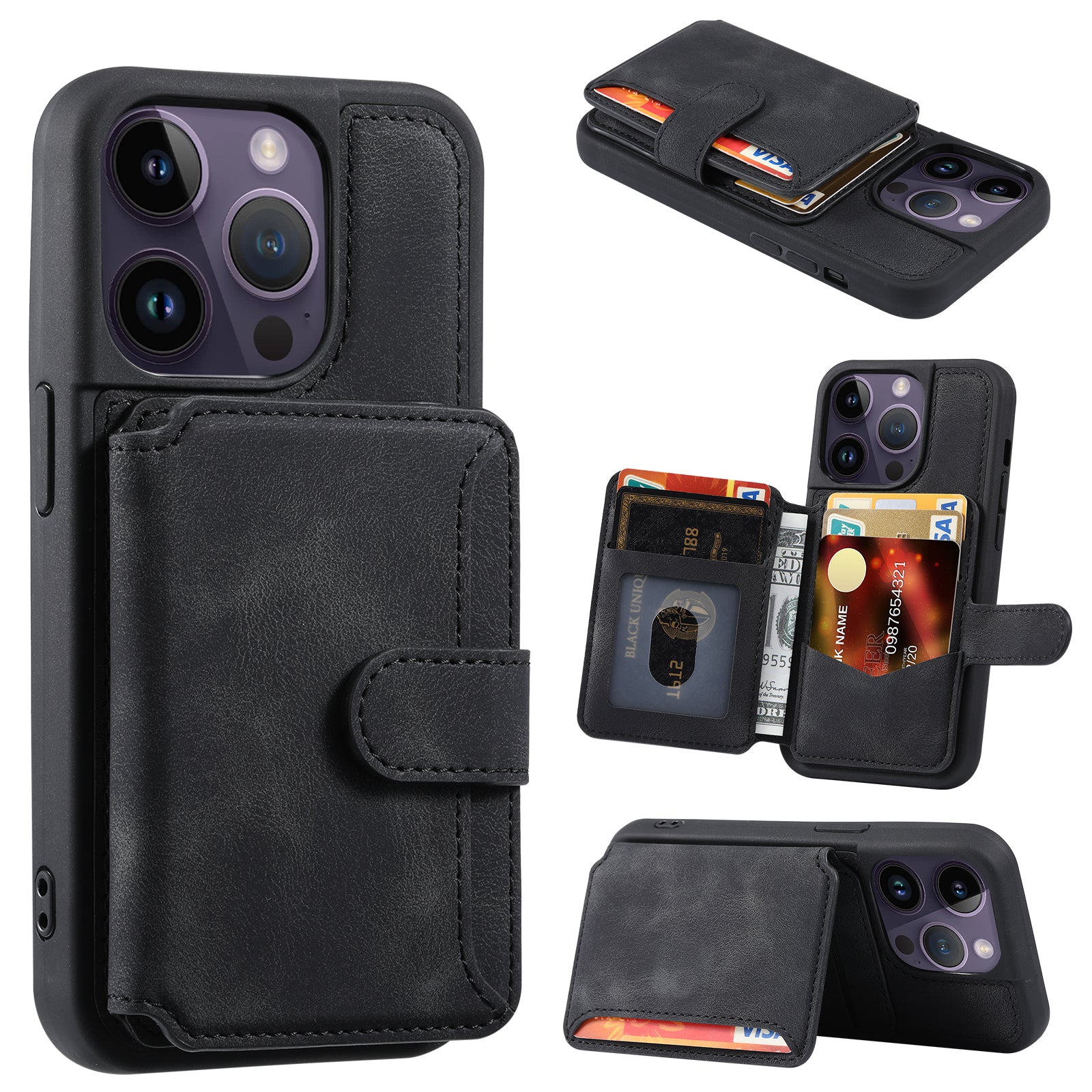 RFID Blocking Wallet Cover for iPhone 15 Pro , Leather Coated TPU Phone Case with Kickstand