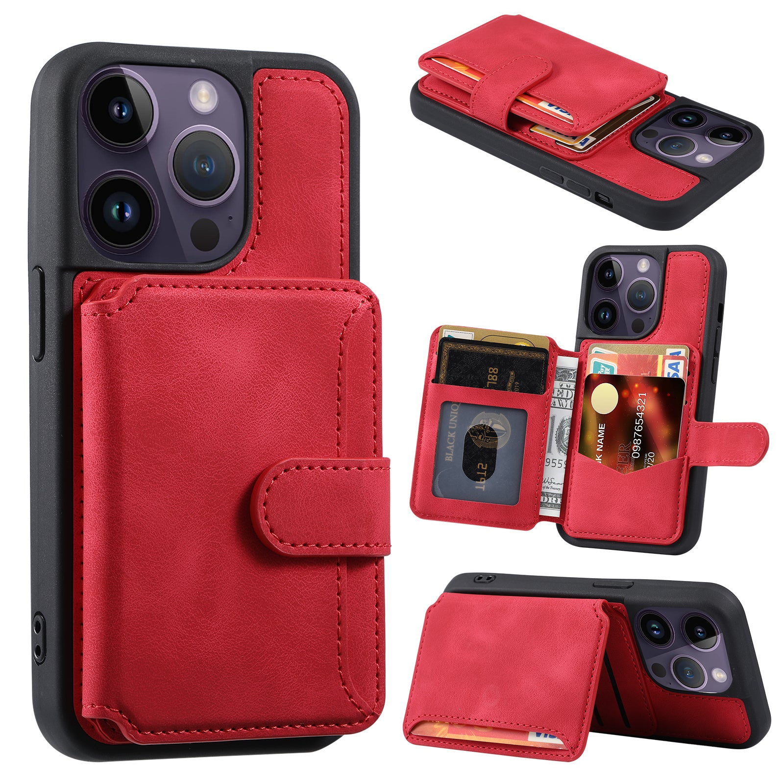 RFID Blocking Wallet Cover for iPhone 15 Pro , Leather Coated TPU Phone Case with Kickstand