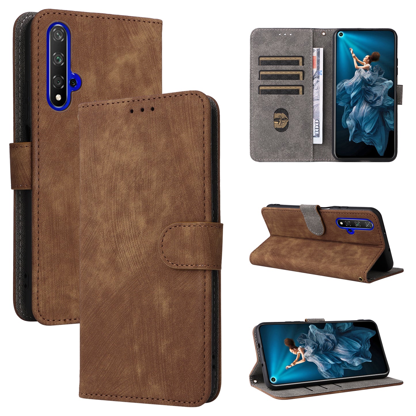 For Huawei nova 5T 4G / Honor 20 / 20S (For China) RFID Blocking Phone Case Wallet Stand PU Leather Cover with Strap