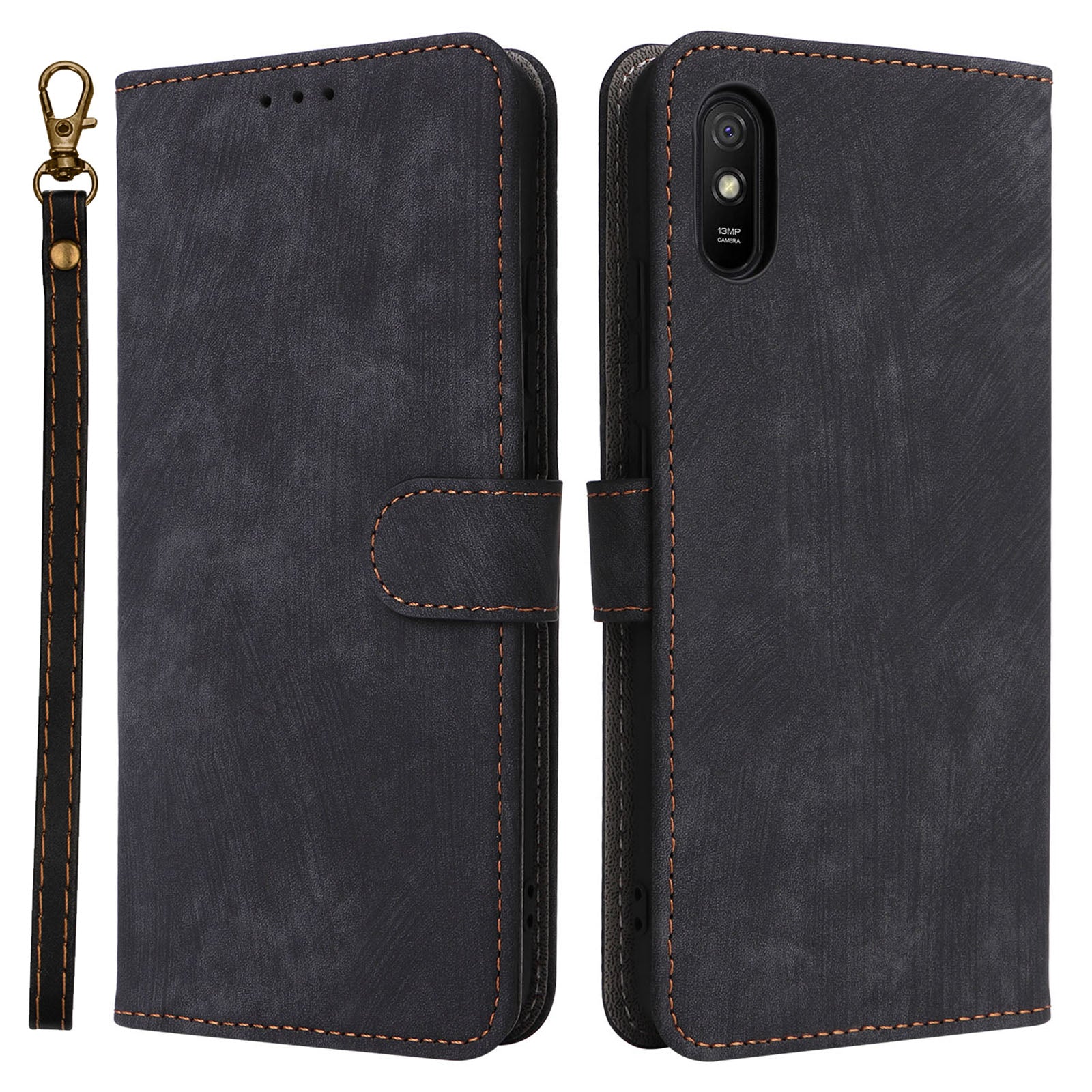 RFID Blocking Phone Case for Xiaomi Redmi 9A / 9AT / 9A Sport / 9i / 9i Sport , PU Leather Stand Flip Wallet Cover with Strap