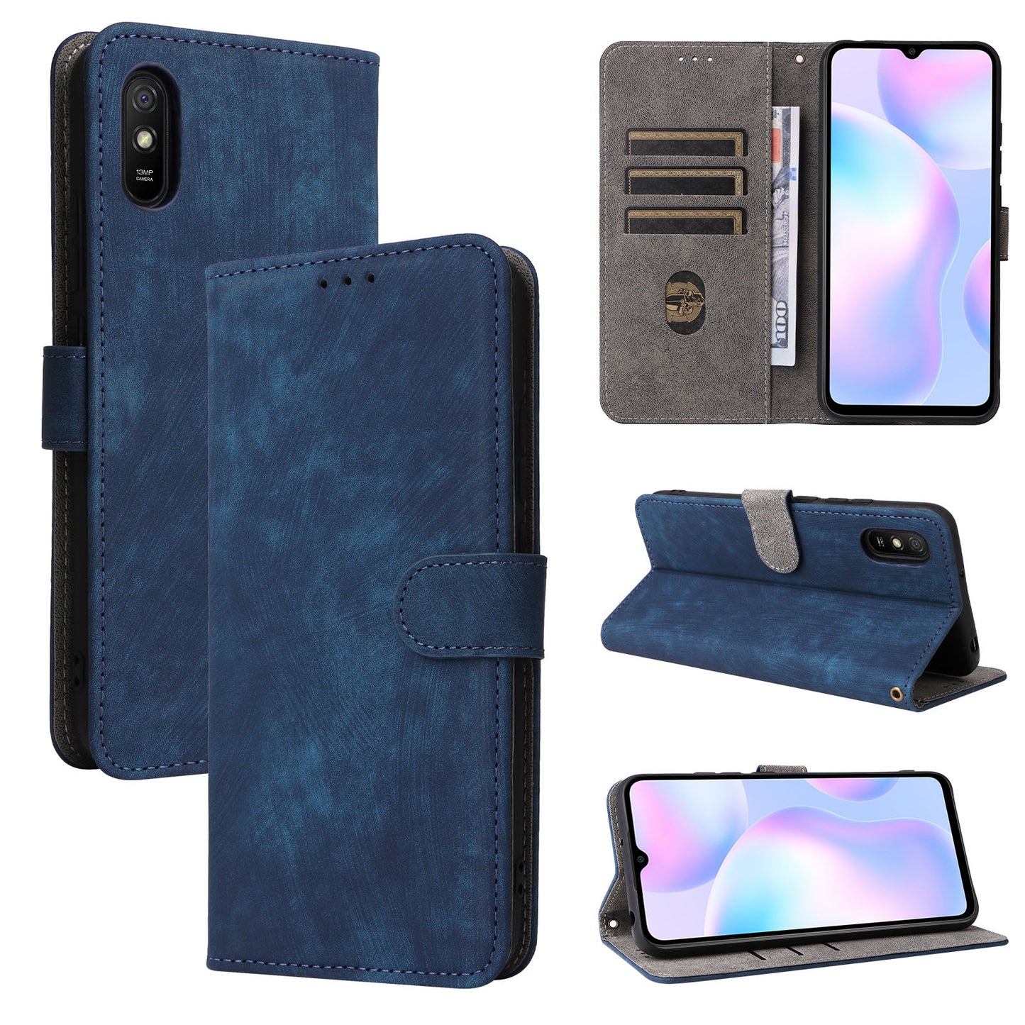RFID Blocking Phone Case for Xiaomi Redmi 9A / 9AT / 9A Sport / 9i / 9i Sport , PU Leather Stand Flip Wallet Cover with Strap