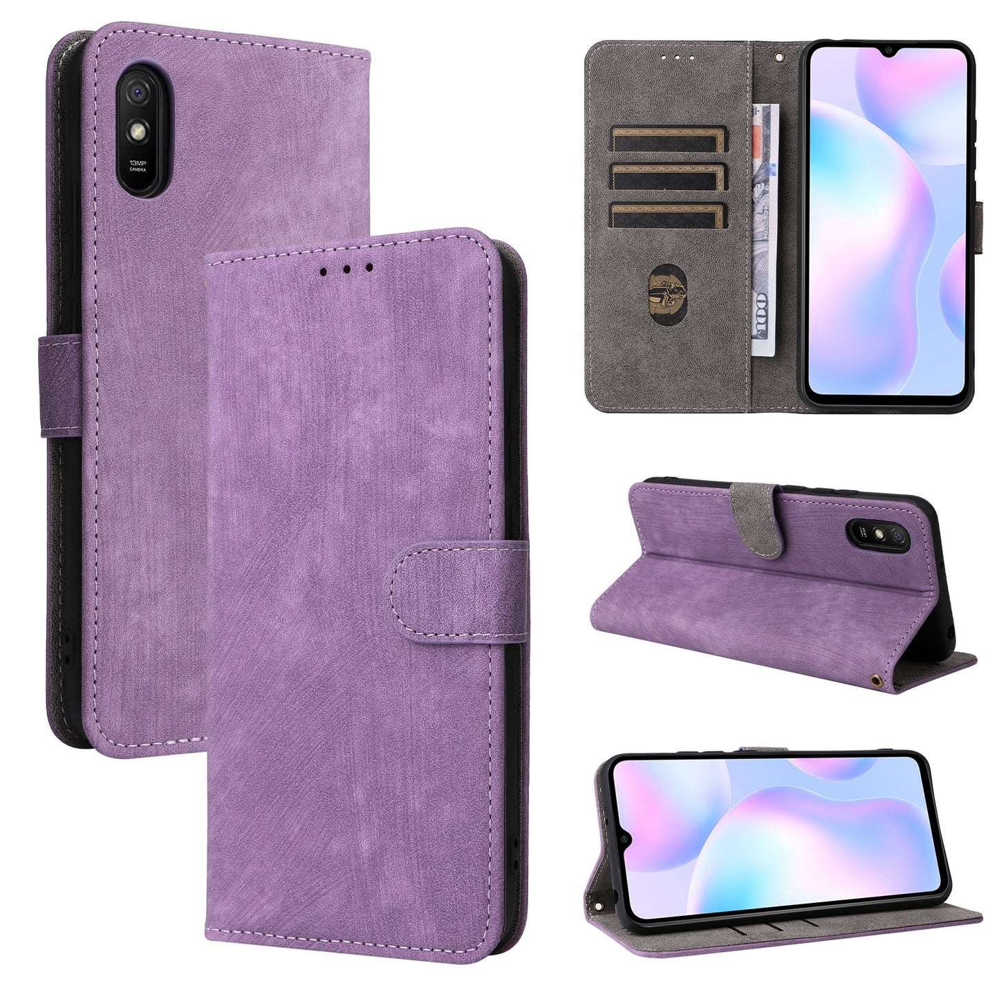 RFID Blocking Phone Case for Xiaomi Redmi 9A / 9AT / 9A Sport / 9i / 9i Sport , PU Leather Stand Flip Wallet Cover with Strap
