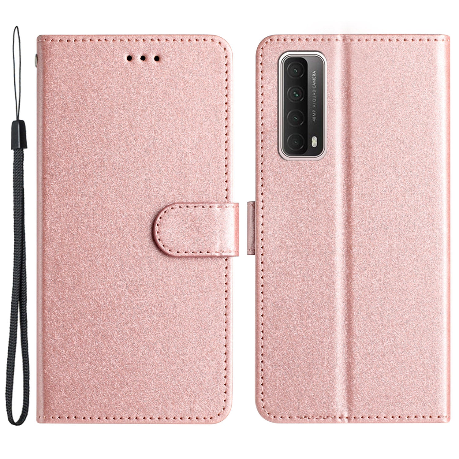For Huawei P smart 2021 / Y7a Phone Case PU Leather Silk Texture Stand Wallet Flip Cover with Strap