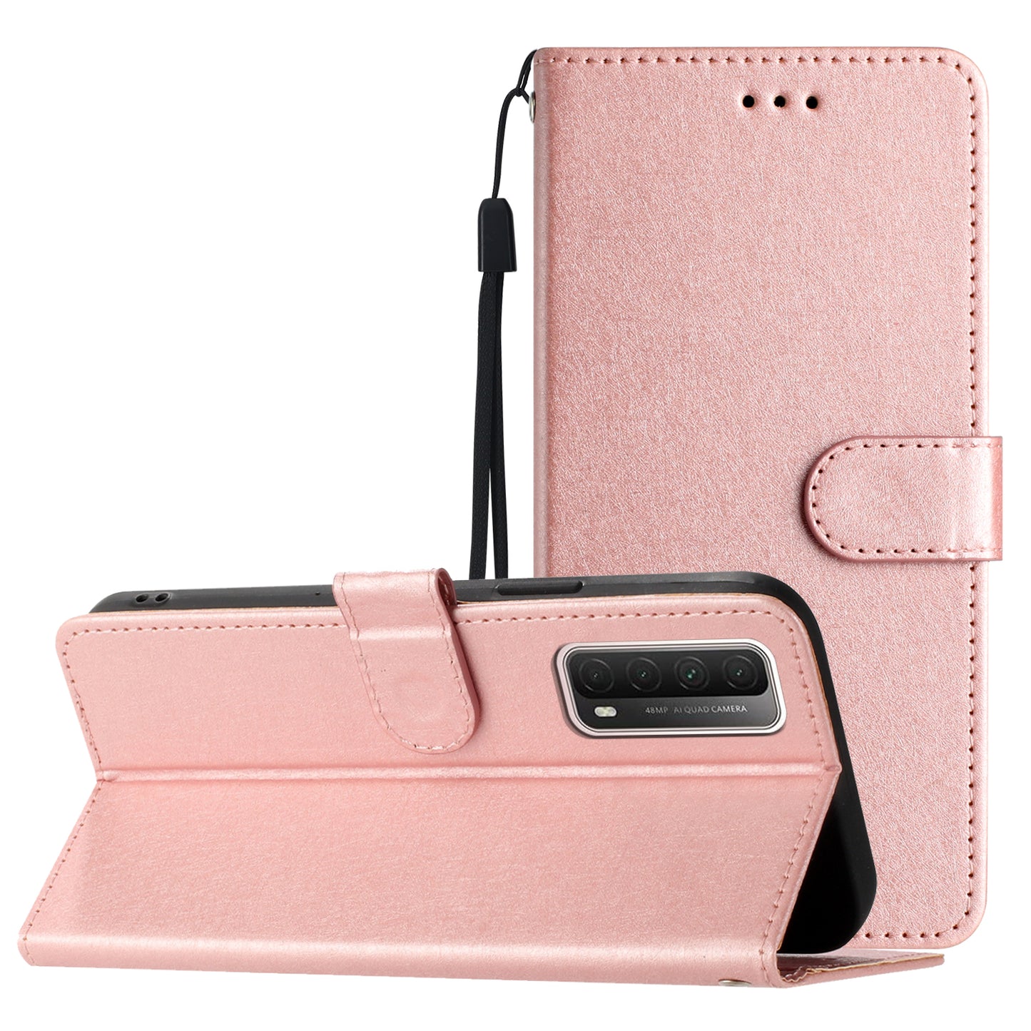 For Huawei P smart 2021 / Y7a Phone Case PU Leather Silk Texture Stand Wallet Flip Cover with Strap