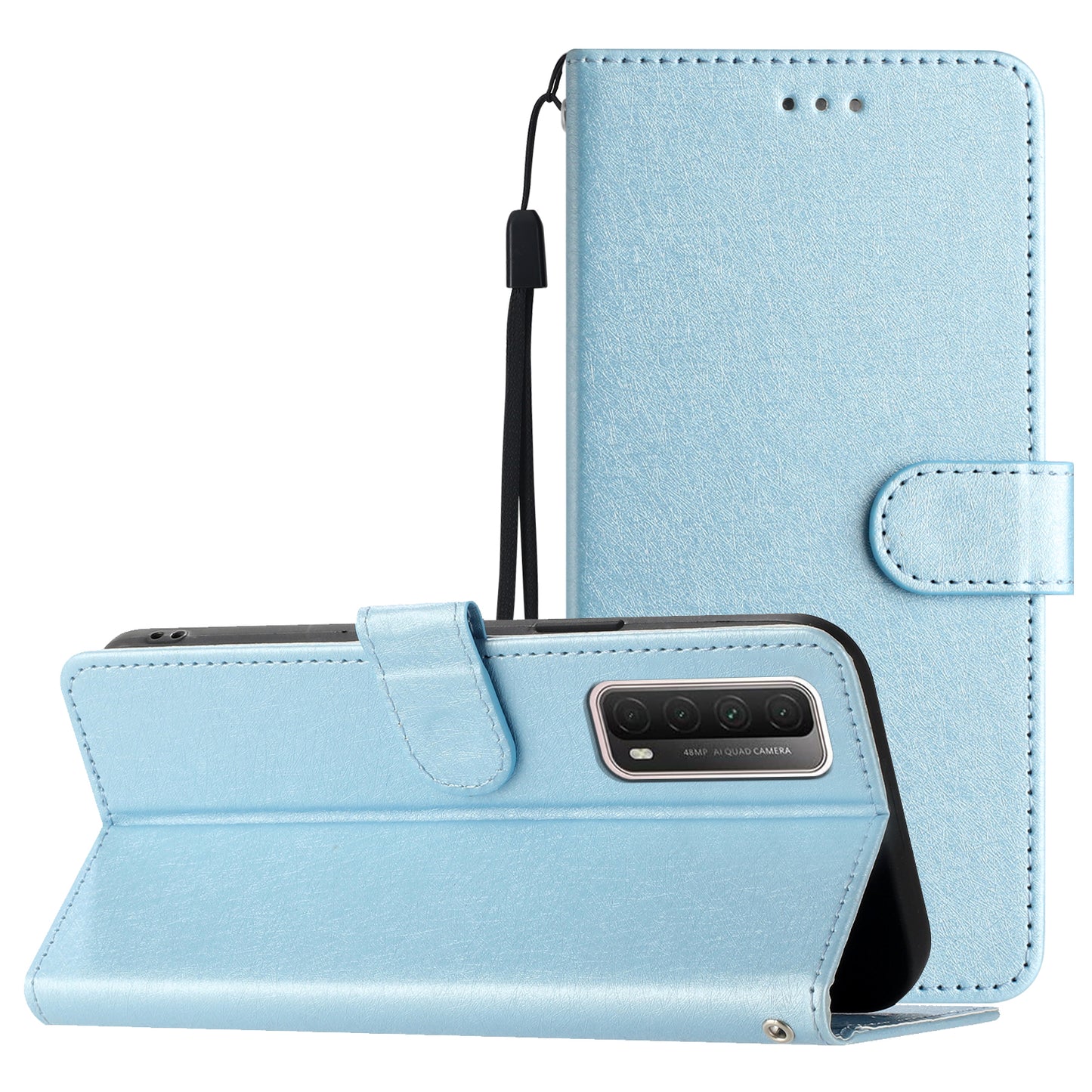 For Huawei P smart 2021 / Y7a Phone Case PU Leather Silk Texture Stand Wallet Flip Cover with Strap