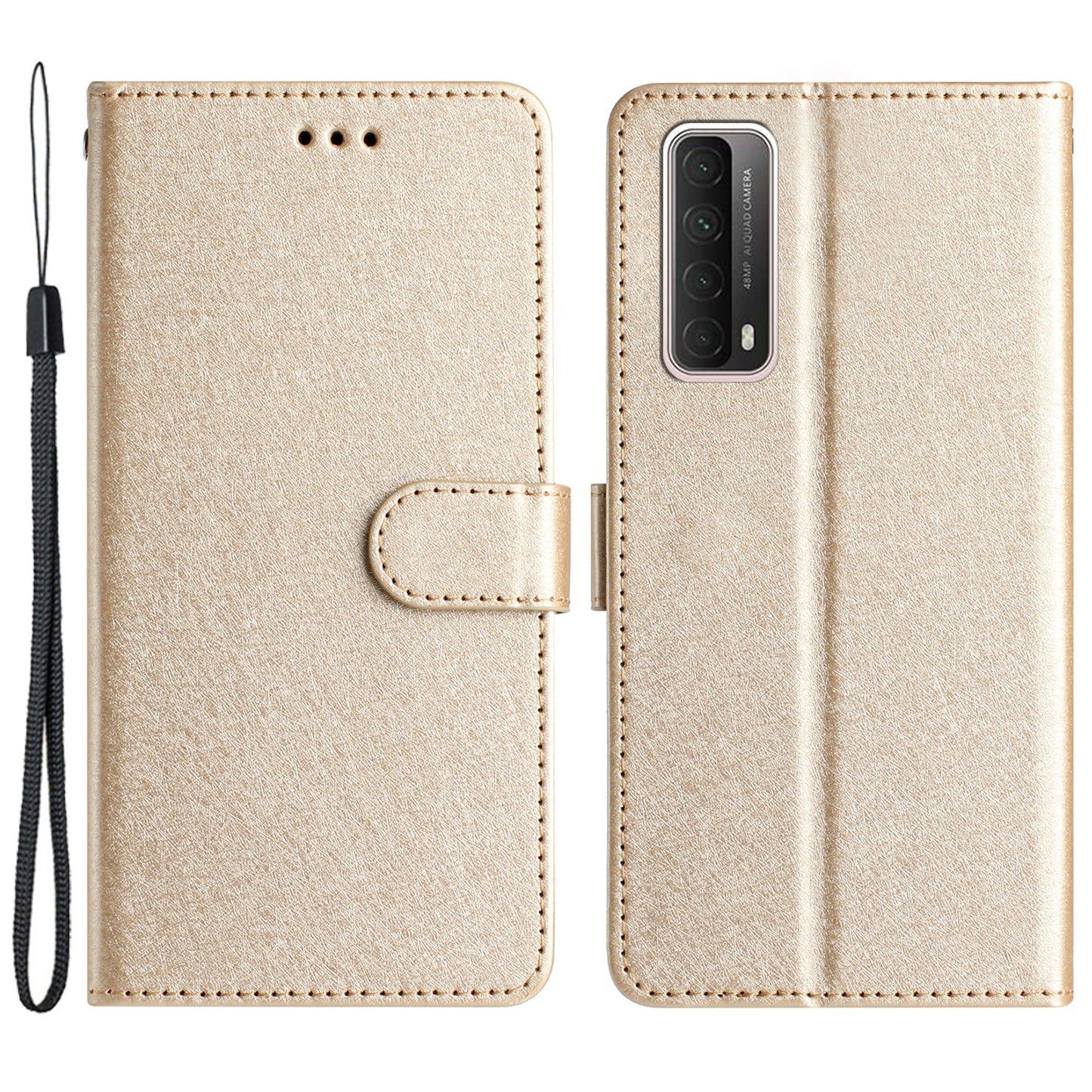 For Huawei P smart 2021 / Y7a Phone Case PU Leather Silk Texture Stand Wallet Flip Cover with Strap
