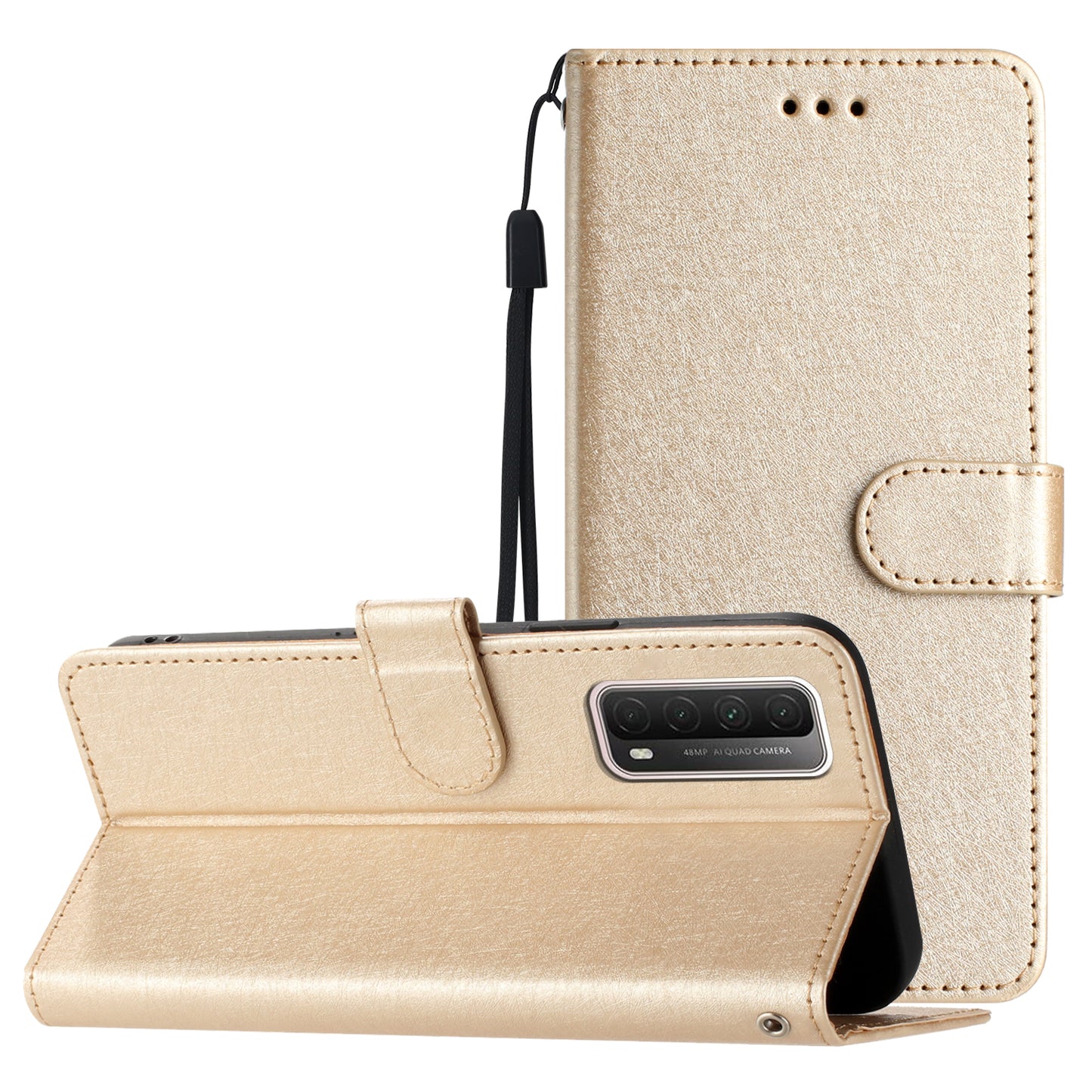 For Huawei P smart 2021 / Y7a Phone Case PU Leather Silk Texture Stand Wallet Flip Cover with Strap