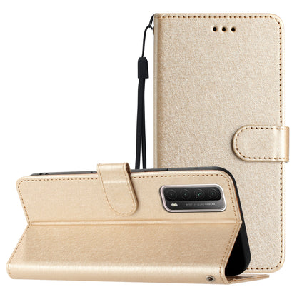 For Huawei P smart 2021 / Y7a Phone Case PU Leather Silk Texture Stand Wallet Flip Cover with Strap