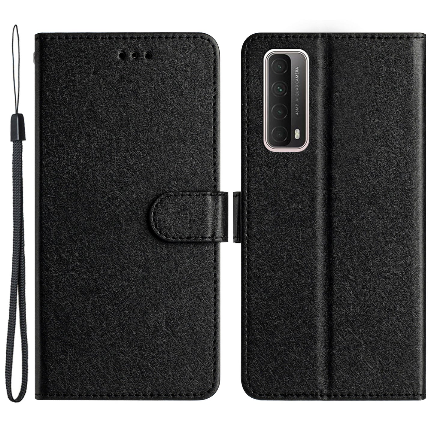For Huawei P smart 2021 / Y7a Phone Case PU Leather Silk Texture Stand Wallet Flip Cover with Strap