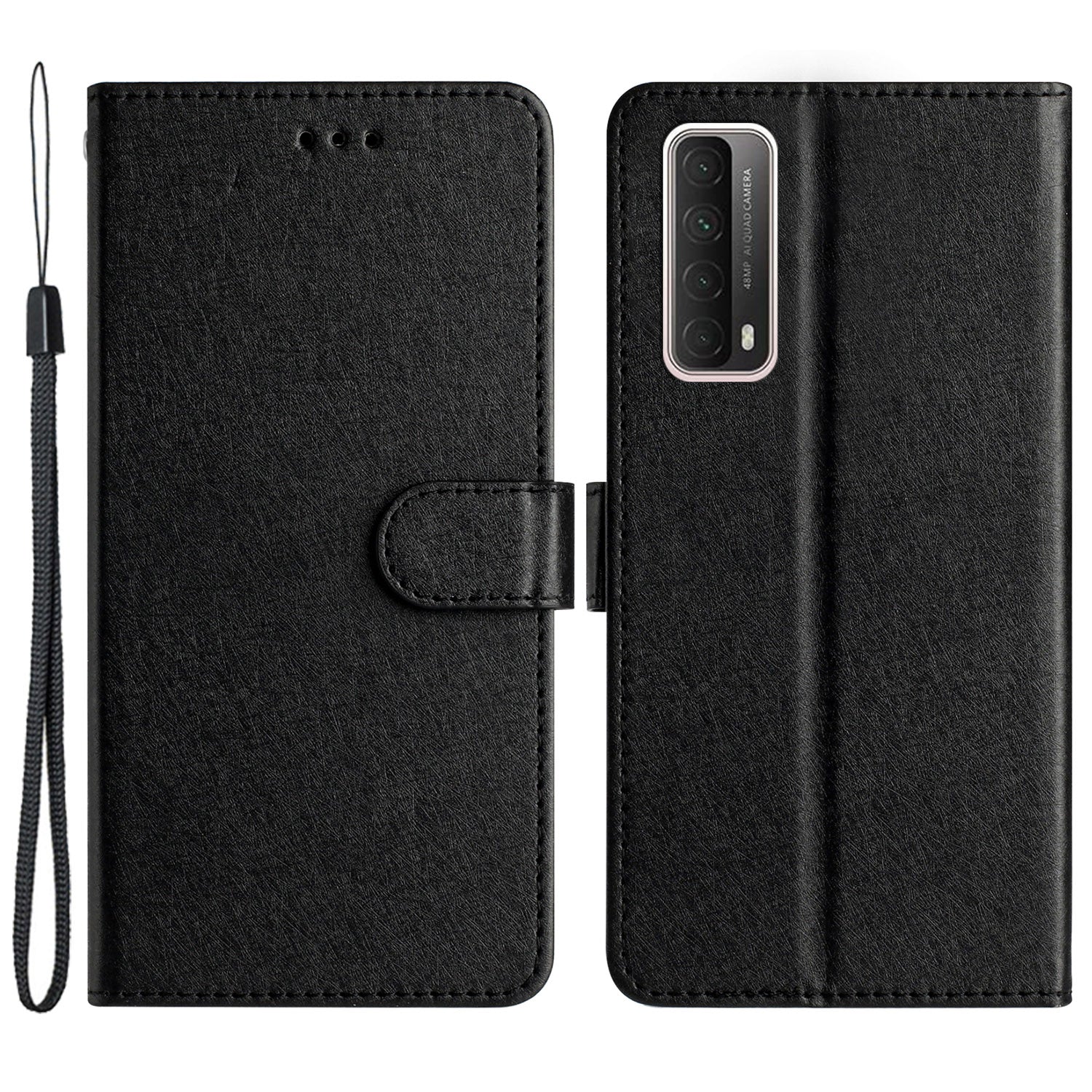For Huawei P smart 2021 / Y7a Phone Case PU Leather Silk Texture Stand Wallet Flip Cover with Strap
