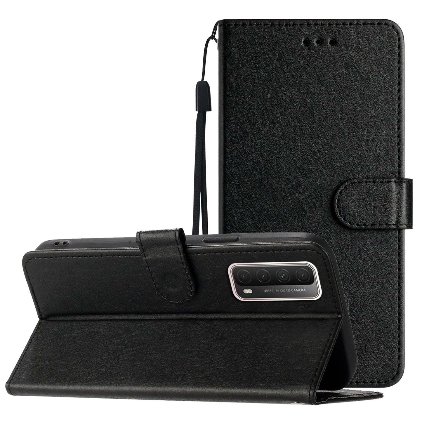 For Huawei P smart 2021 / Y7a Phone Case PU Leather Silk Texture Stand Wallet Flip Cover with Strap