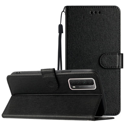 For Huawei P smart 2021 / Y7a Phone Case PU Leather Silk Texture Stand Wallet Flip Cover with Strap