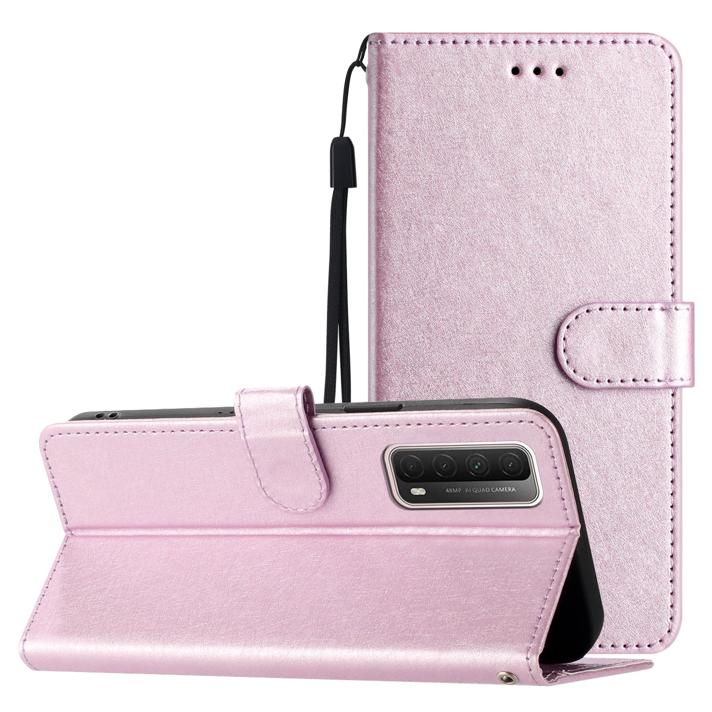 For Huawei P smart 2021 / Y7a Phone Case PU Leather Silk Texture Stand Wallet Flip Cover with Strap