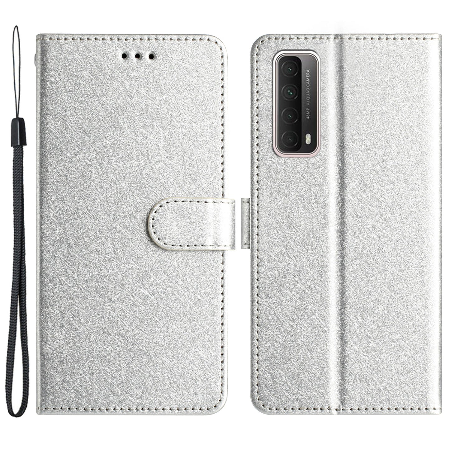 For Huawei P smart 2021 / Y7a Phone Case PU Leather Silk Texture Stand Wallet Flip Cover with Strap