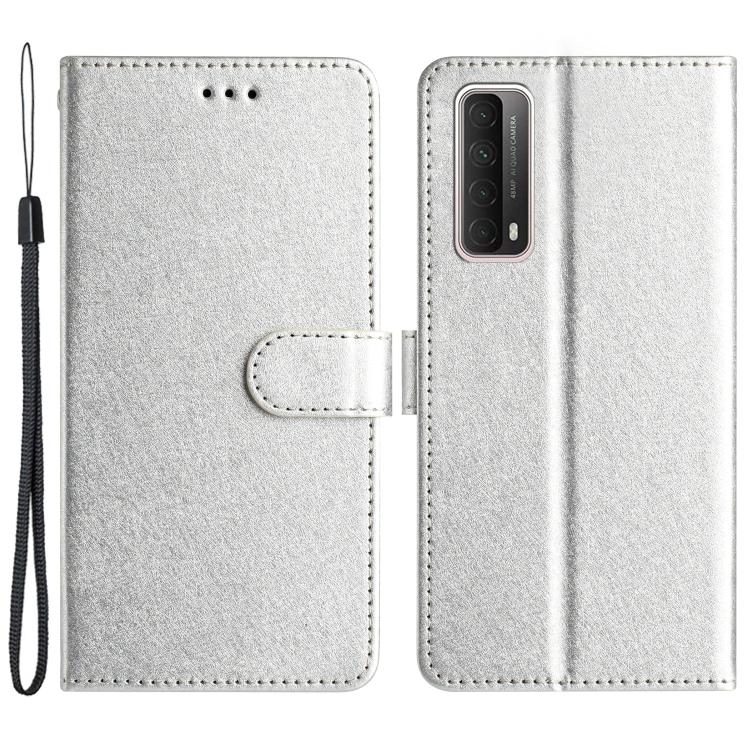 For Huawei P smart 2021 / Y7a Phone Case PU Leather Silk Texture Stand Wallet Flip Cover with Strap