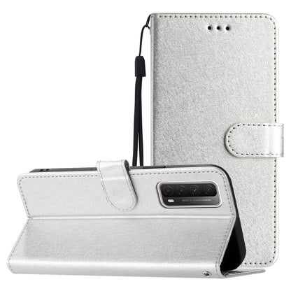 For Huawei P smart 2021 / Y7a Phone Case PU Leather Silk Texture Stand Wallet Flip Cover with Strap