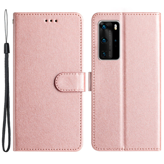 For Huawei P40 Pro Wallet Phone Case PU Leather Silk Texture Stand Protective Cover with Strap