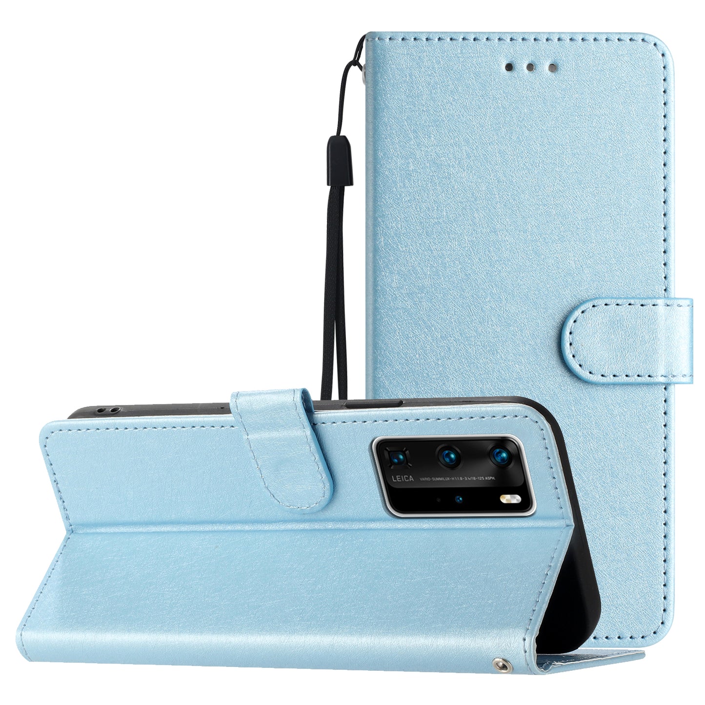 For Huawei P40 Pro Wallet Phone Case PU Leather Silk Texture Stand Protective Cover with Strap