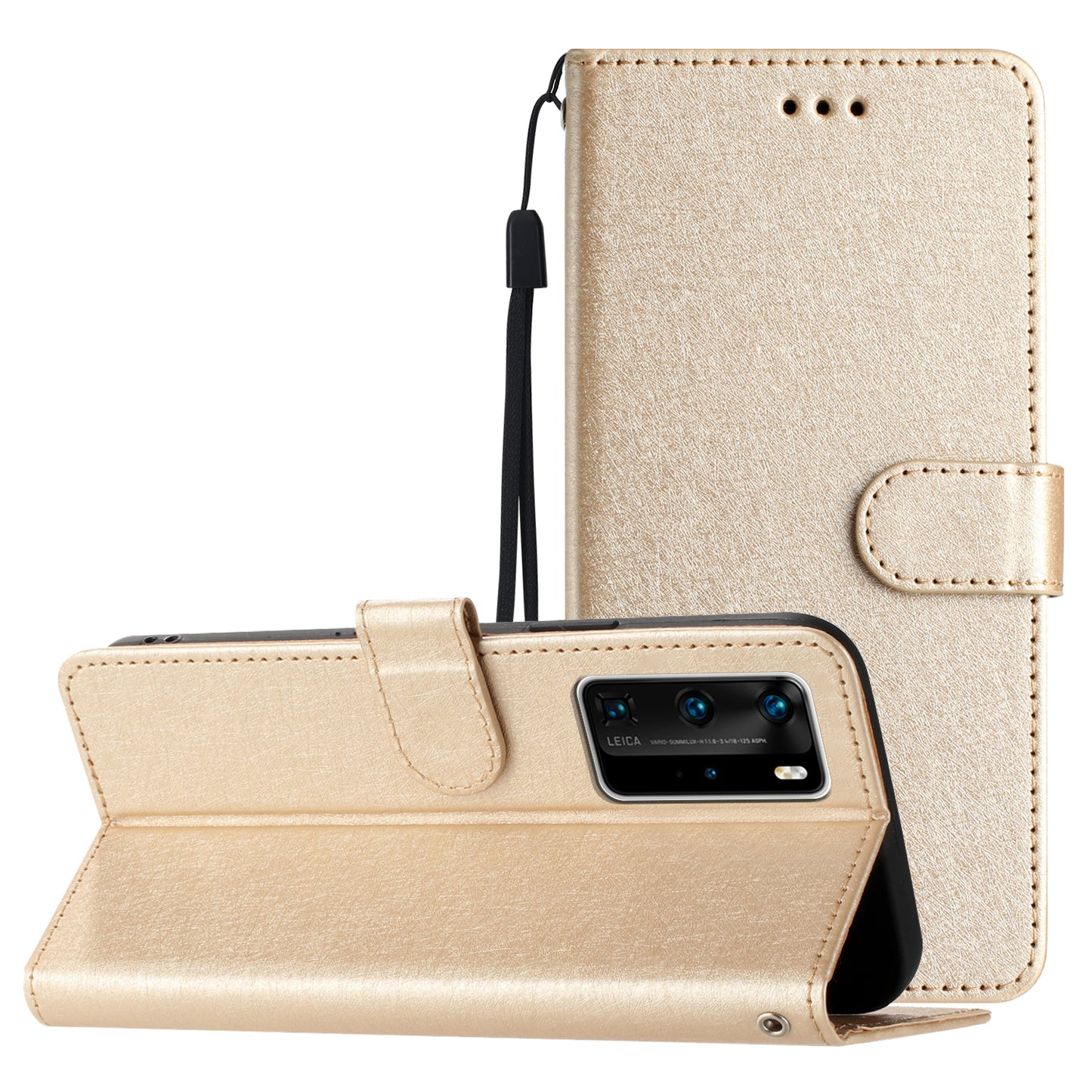 For Huawei P40 Pro Wallet Phone Case PU Leather Silk Texture Stand Protective Cover with Strap