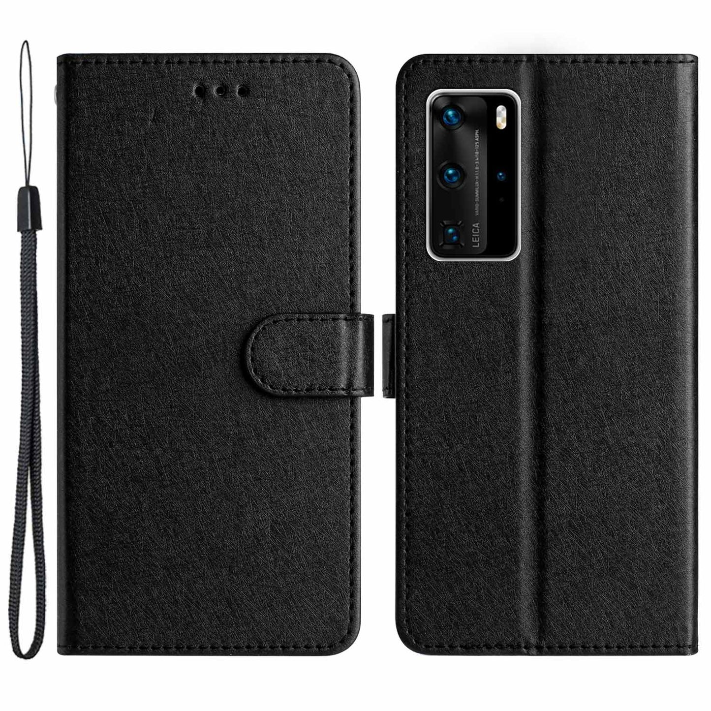 For Huawei P40 Pro Wallet Phone Case PU Leather Silk Texture Stand Protective Cover with Strap