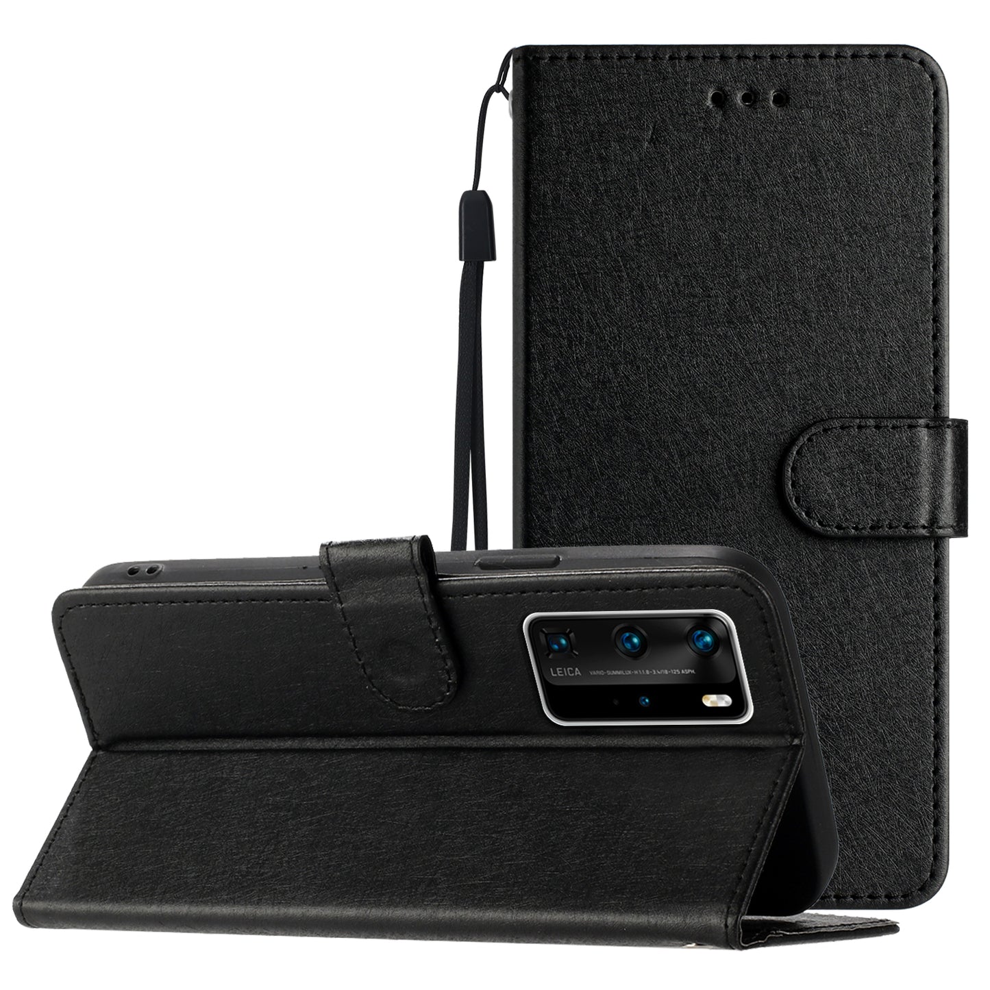 For Huawei P40 Pro Wallet Phone Case PU Leather Silk Texture Stand Protective Cover with Strap
