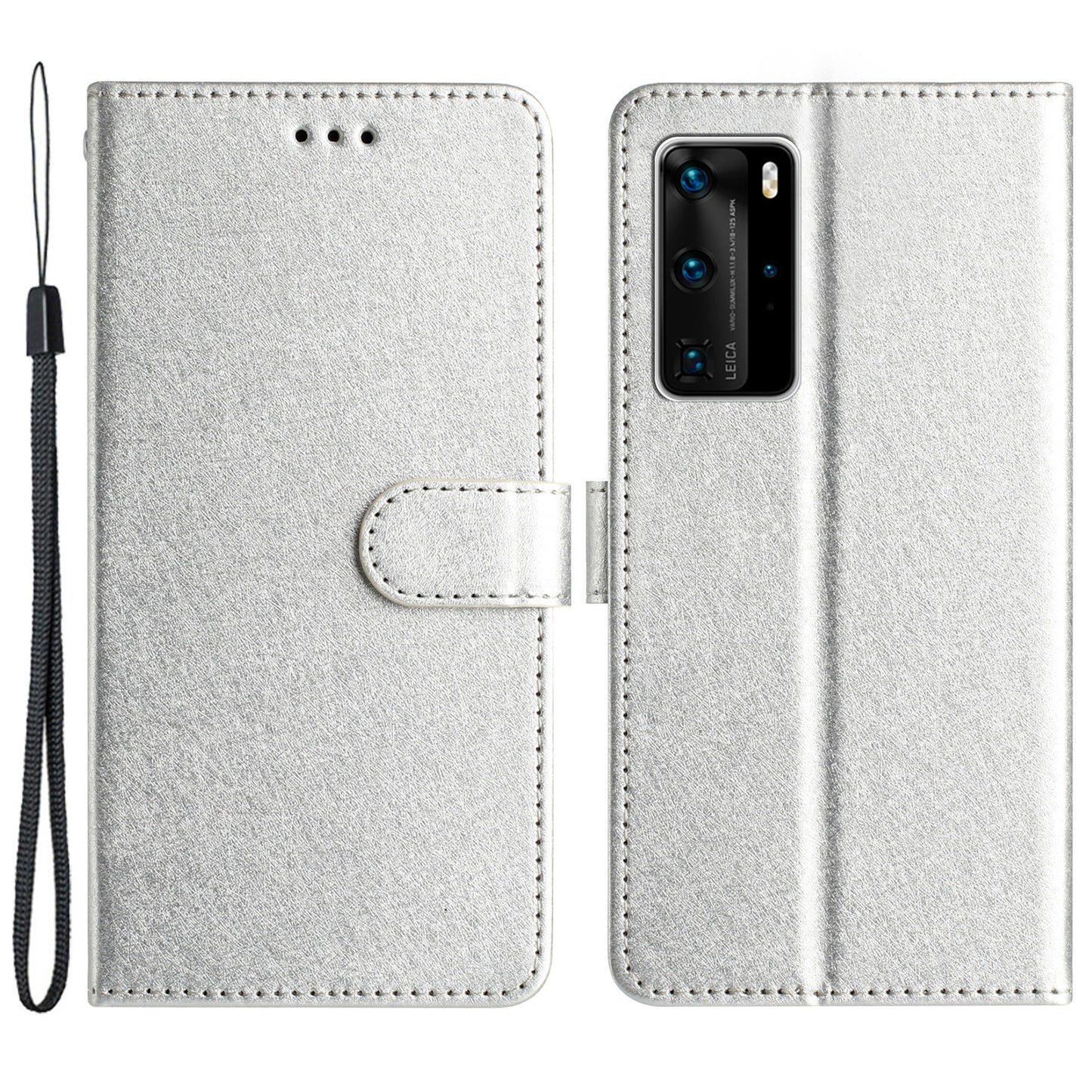 For Huawei P40 Pro Wallet Phone Case PU Leather Silk Texture Stand Protective Cover with Strap