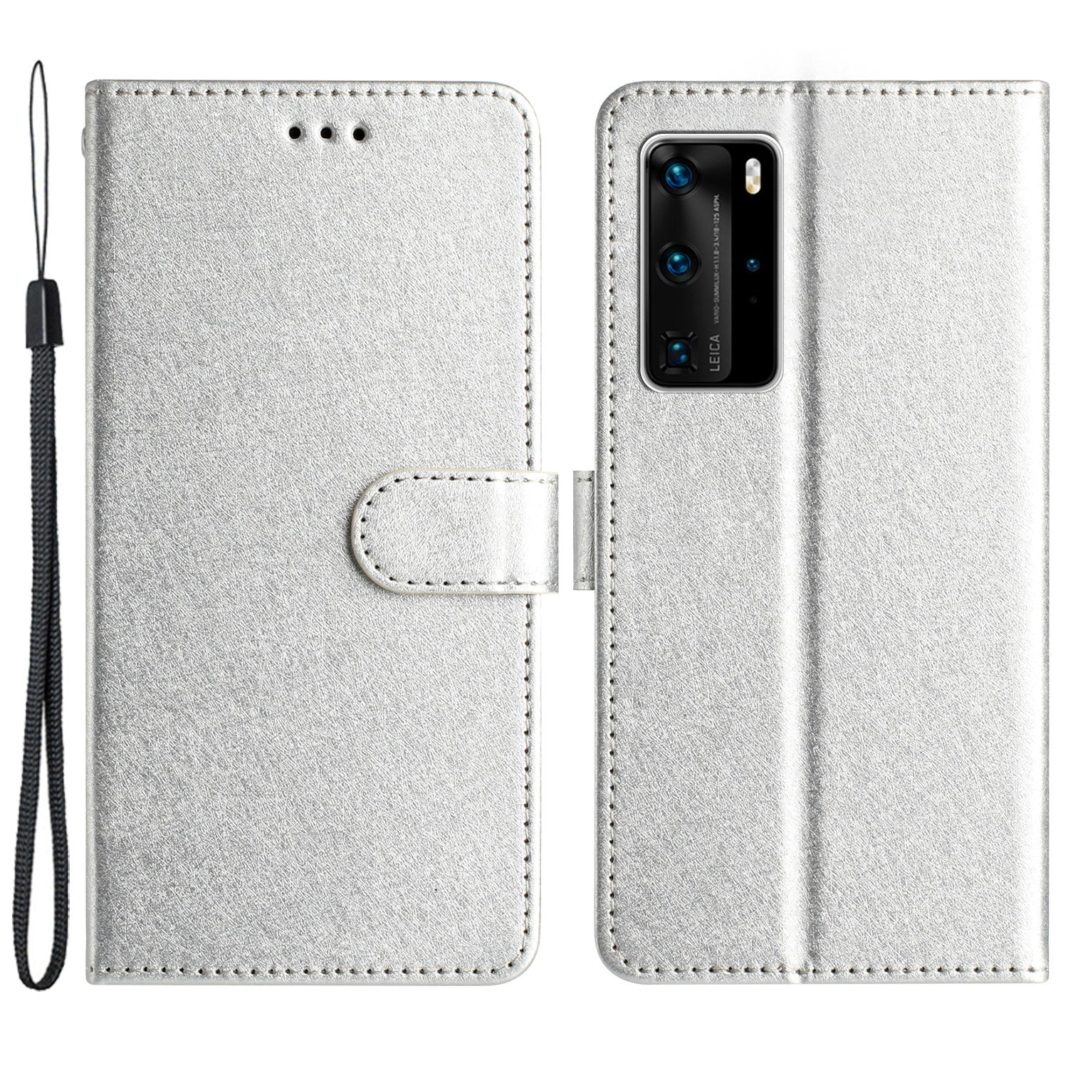 For Huawei P40 Pro Wallet Phone Case PU Leather Silk Texture Stand Protective Cover with Strap