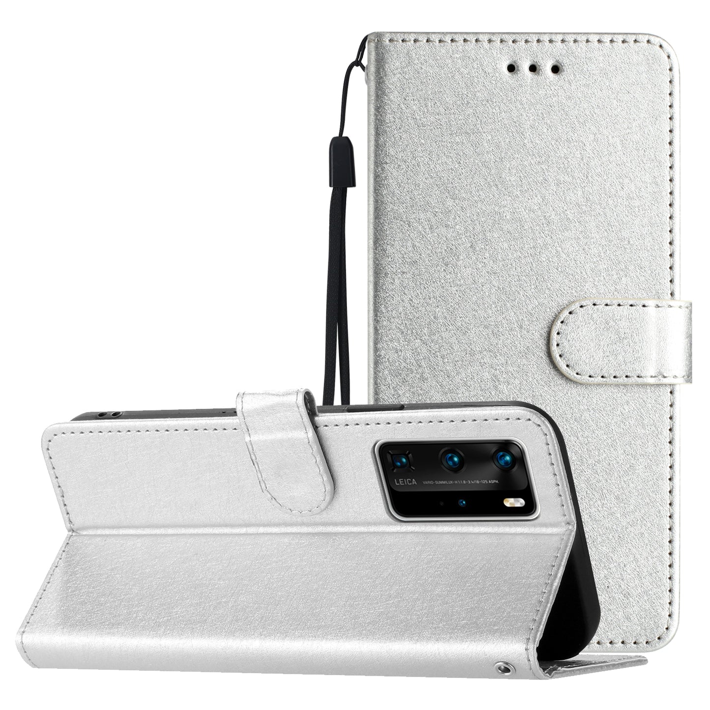 For Huawei P40 Pro Wallet Phone Case PU Leather Silk Texture Stand Protective Cover with Strap