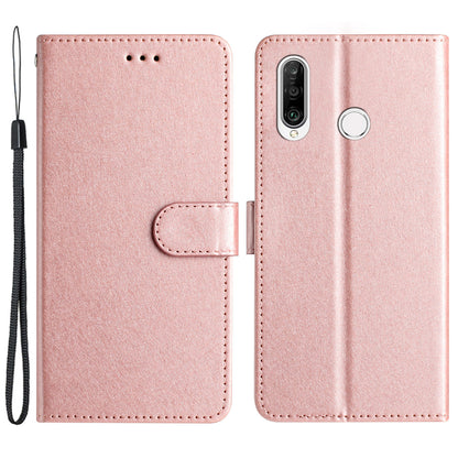 For Huawei P30 Lite Stand Flip Protective Cover PU Leather Silk Texture Wallet Phone Case with Strap