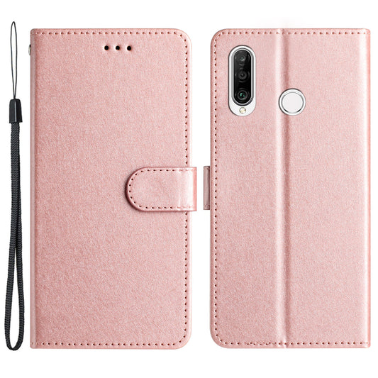 For Huawei P30 Lite Stand Flip Protective Cover PU Leather Silk Texture Wallet Phone Case with Strap