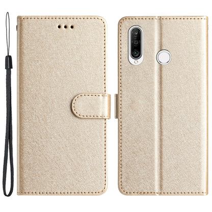 For Huawei P30 Lite Stand Flip Protective Cover PU Leather Silk Texture Wallet Phone Case with Strap