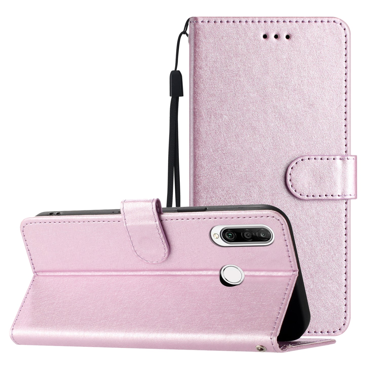 For Huawei P30 Lite Stand Flip Protective Cover PU Leather Silk Texture Wallet Phone Case with Strap