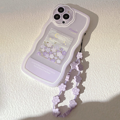 For iPhone 14 Pro Flexible TPU Phone Case Oil Painting Pattern Mobile Phone Shell with Flower Decor Hand Strap