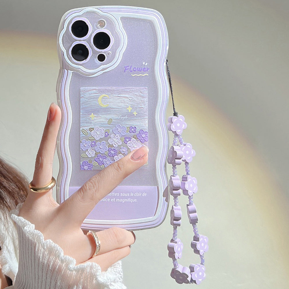 For iPhone 14 Pro Flexible TPU Phone Case Oil Painting Pattern Mobile Phone Shell with Flower Decor Hand Strap