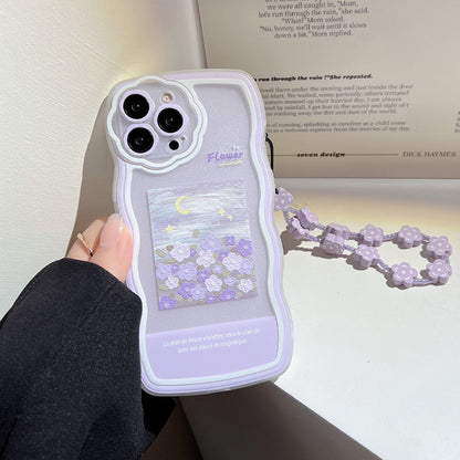 For iPhone 14 Pro Flexible TPU Phone Case Oil Painting Pattern Mobile Phone Shell with Flower Decor Hand Strap