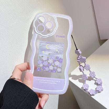 For iPhone 14 Pro Flexible TPU Phone Case Oil Painting Pattern Mobile Phone Shell with Flower Decor Hand Strap