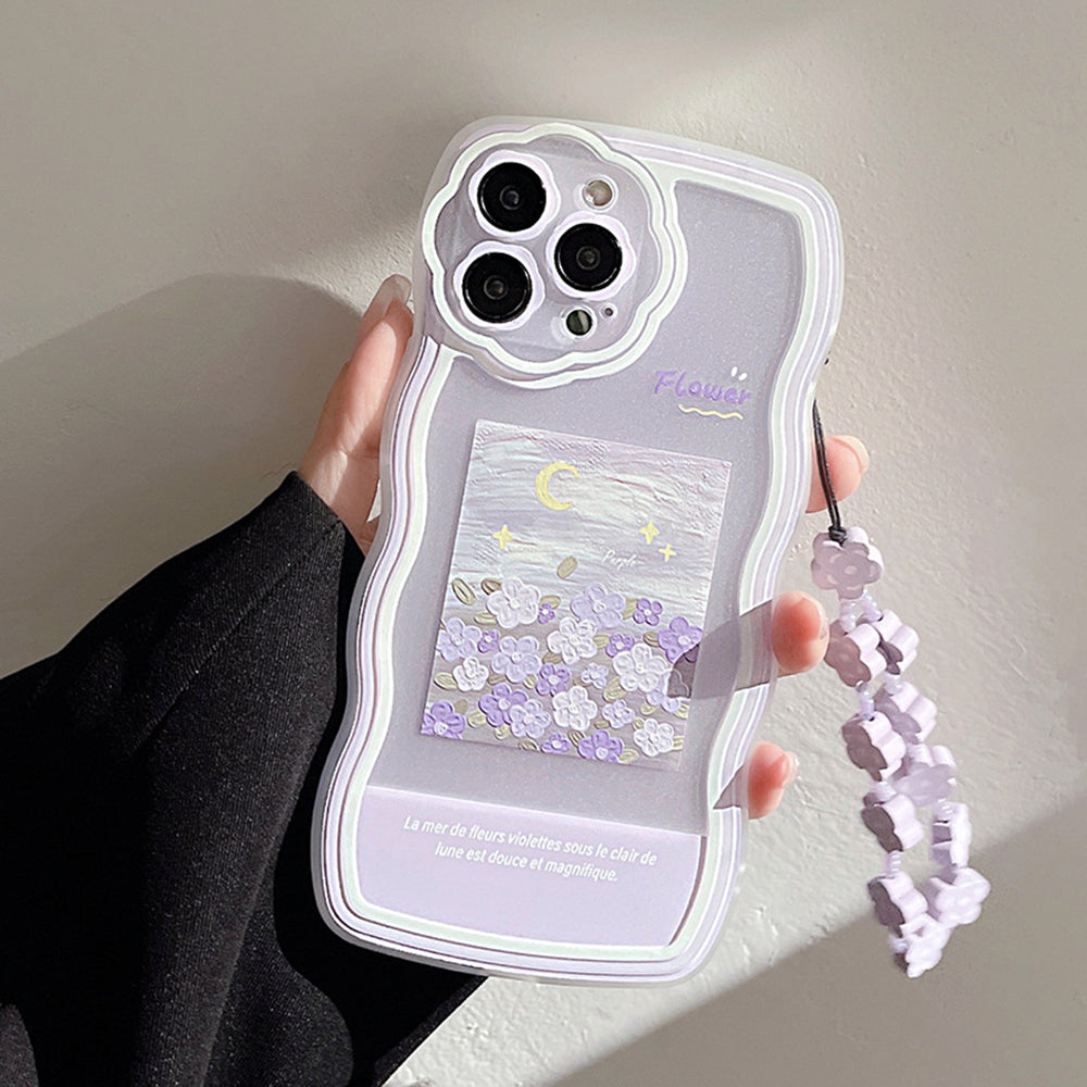 For iPhone 14 Pro Flexible TPU Phone Case Oil Painting Pattern Mobile Phone Shell with Flower Decor Hand Strap