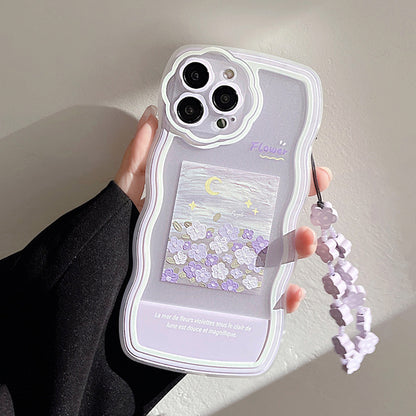 For iPhone 14 Pro Flexible TPU Phone Case Oil Painting Pattern Mobile Phone Shell with Flower Decor Hand Strap
