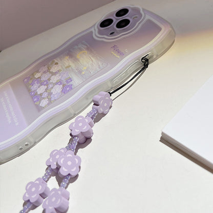 For iPhone 14 Pro Flexible TPU Phone Case Oil Painting Pattern Mobile Phone Shell with Flower Decor Hand Strap